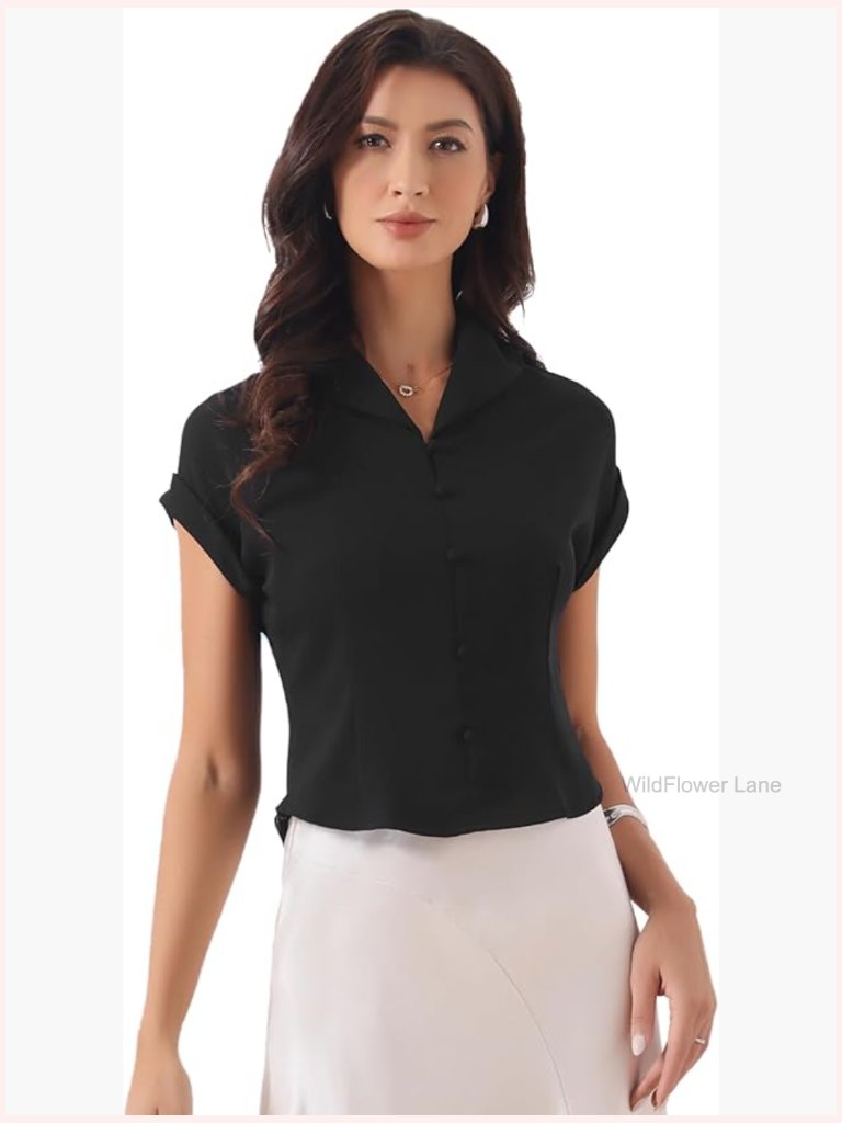 Dressy Lapel Collar Cap Sleeve Button Down Blouse Work Top